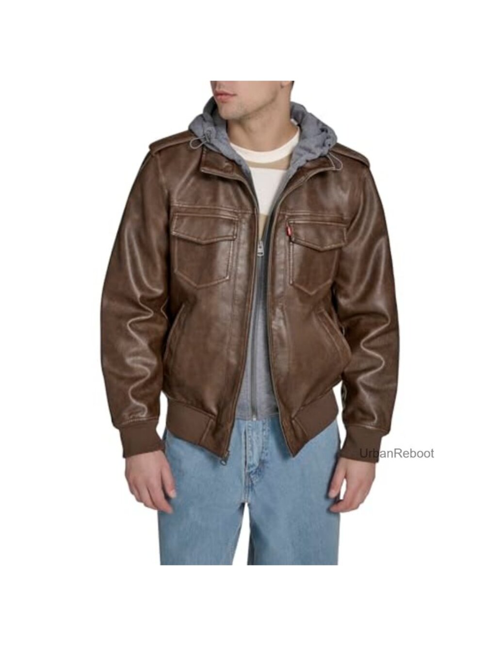 Faux Leather Aviator Bomber Jacket with Jersey Bib and Hood